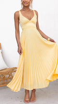 Women's Elegant Yellow Pleated V-Neck Maxi Dress