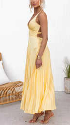 Women's Elegant Yellow Pleated V-Neck Maxi Dress